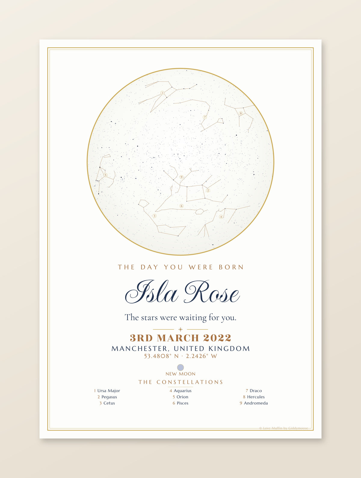 The Day You Were Born personalised star map print — custom night sky by date