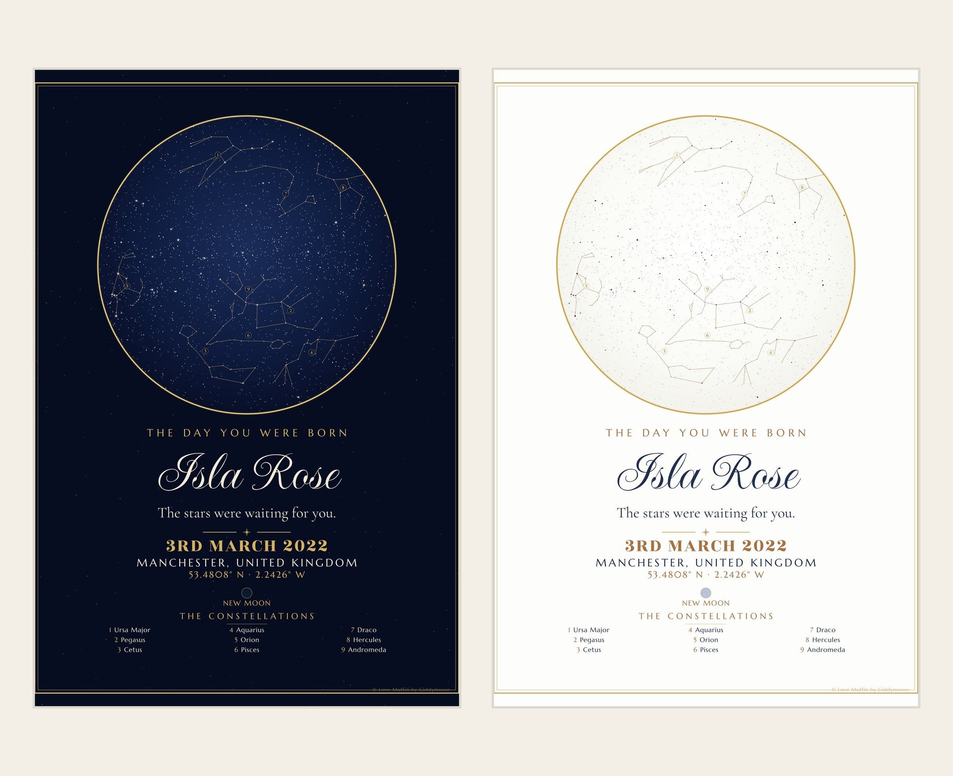 The Day You Were Born personalised star map print — custom night sky by date