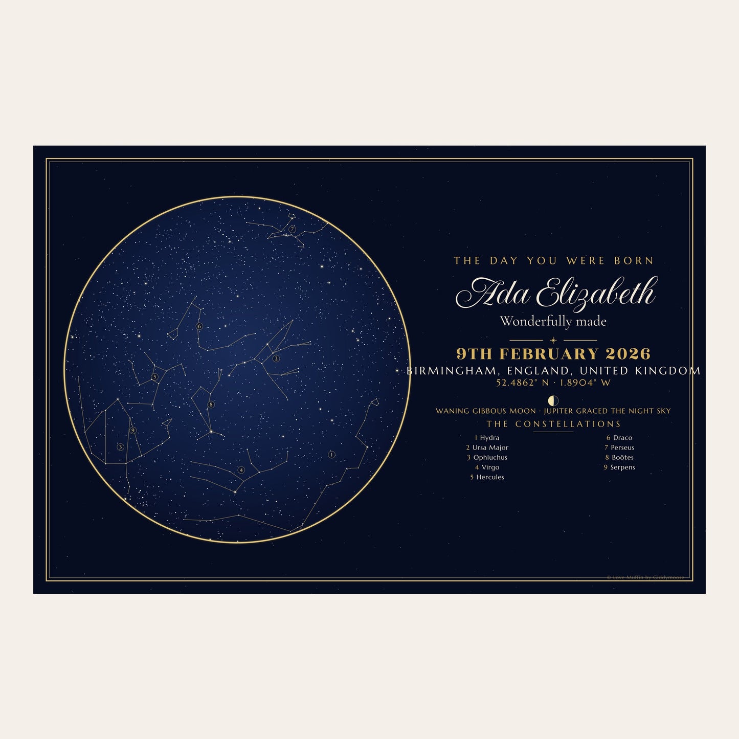 The Day You Were Born personalised star map in landscape — the same night sky, laid out wide