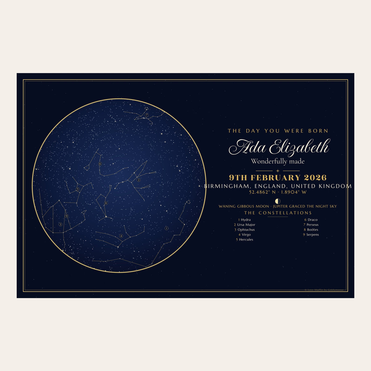 The Day You Were Born personalised star map in landscape — the same night sky, laid out wide