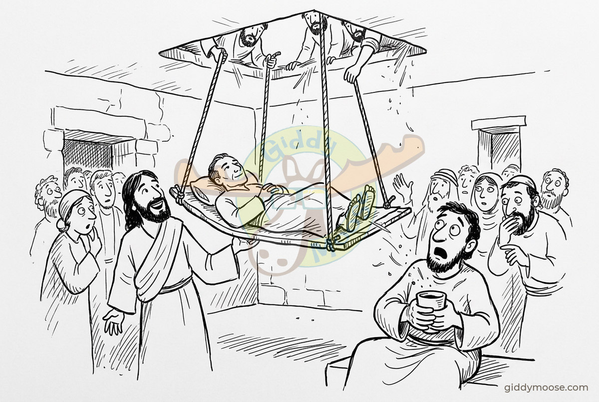 Through the roof to Jesus (Mark 2) — comic, Giddymoose
