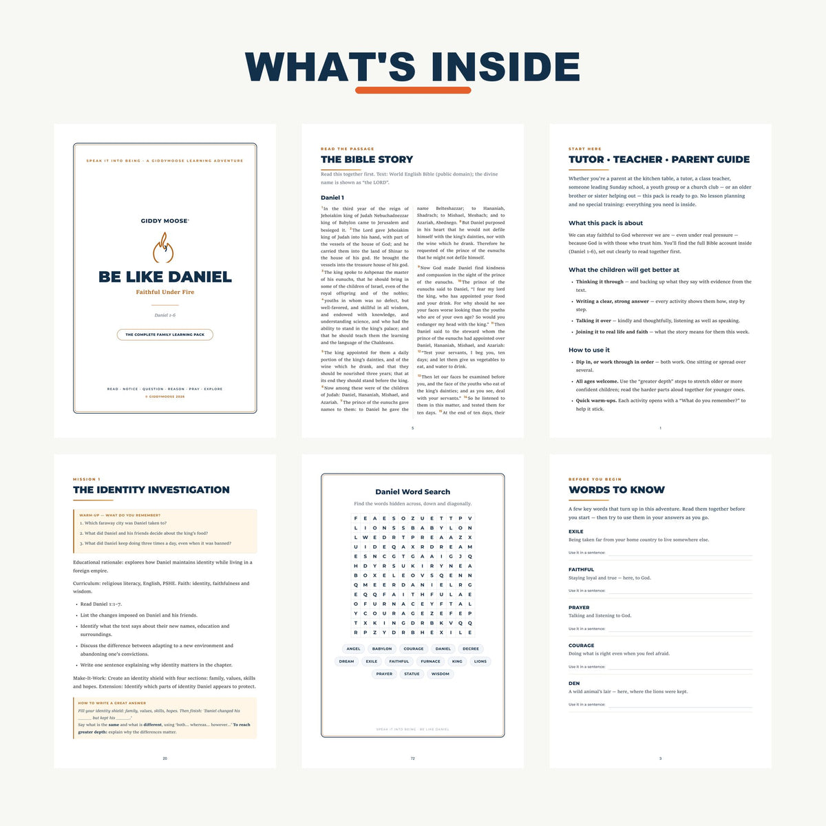 What's inside the Daniel and the Lions' Den pack — Bible-column text, tutor guide and worksheet sample pages