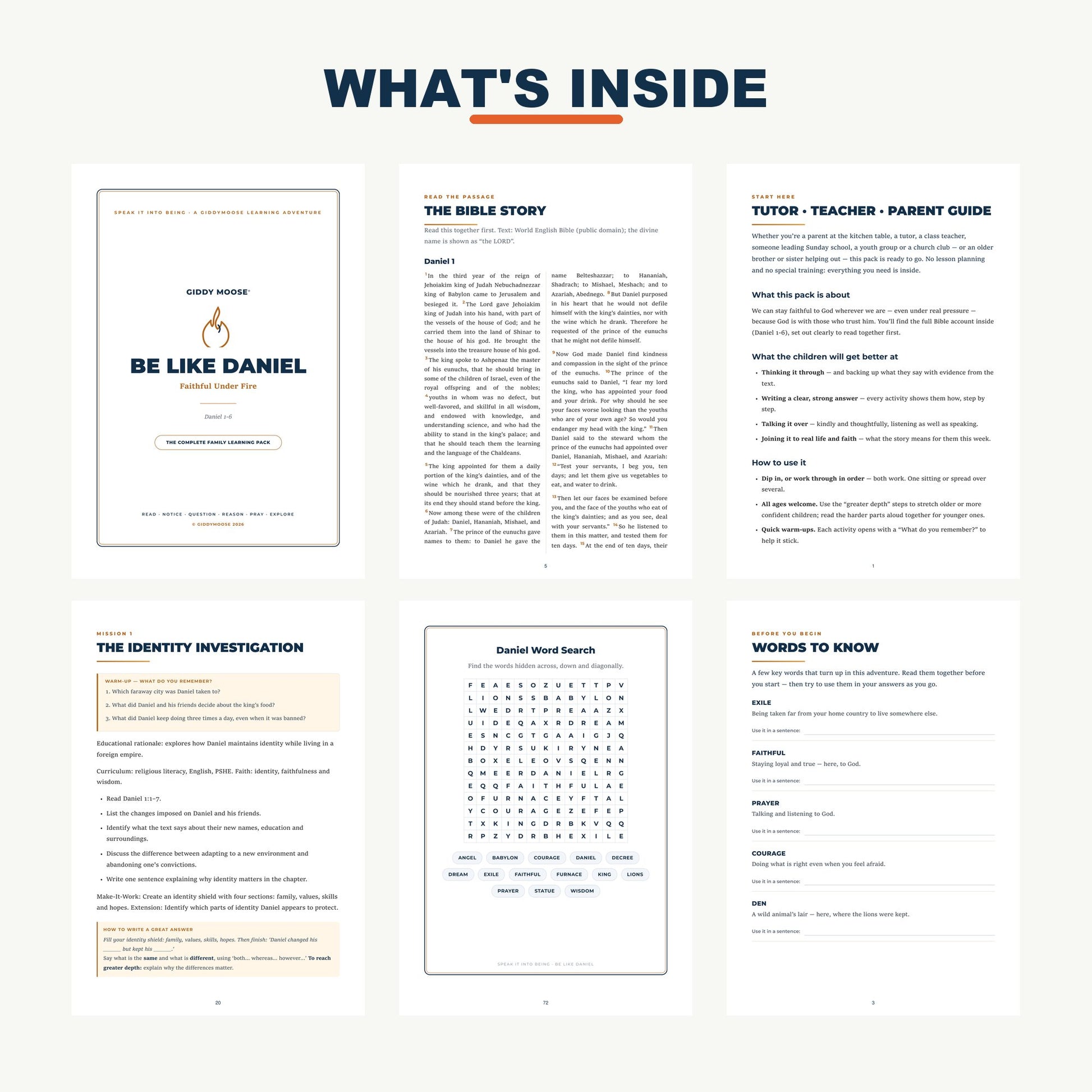 What's inside the Daniel and the Lions' Den pack — Bible-column text, tutor guide and worksheet sample pages