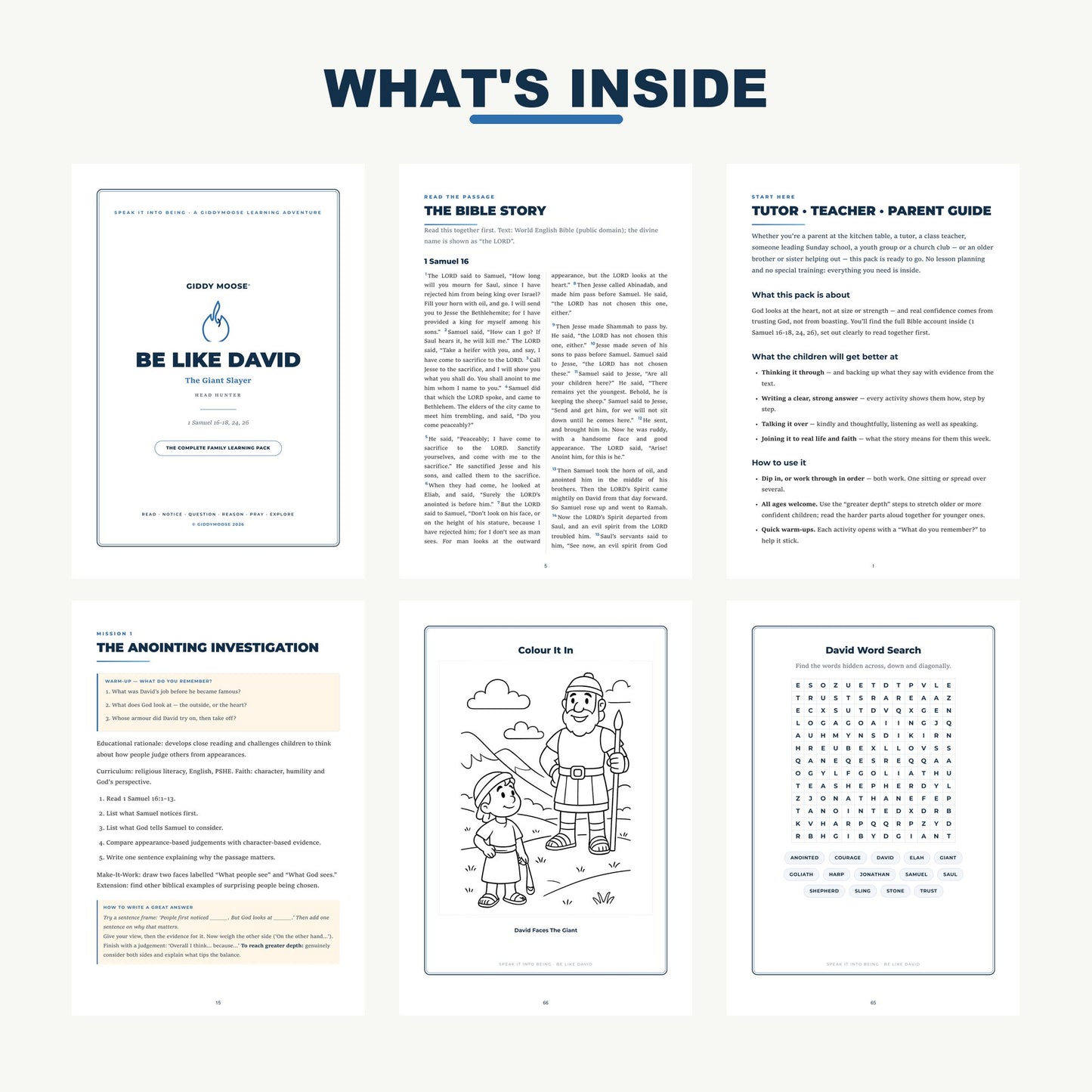 What's inside the David and Goliath pack — Bible-column text, tutor guide and worksheet sample pages