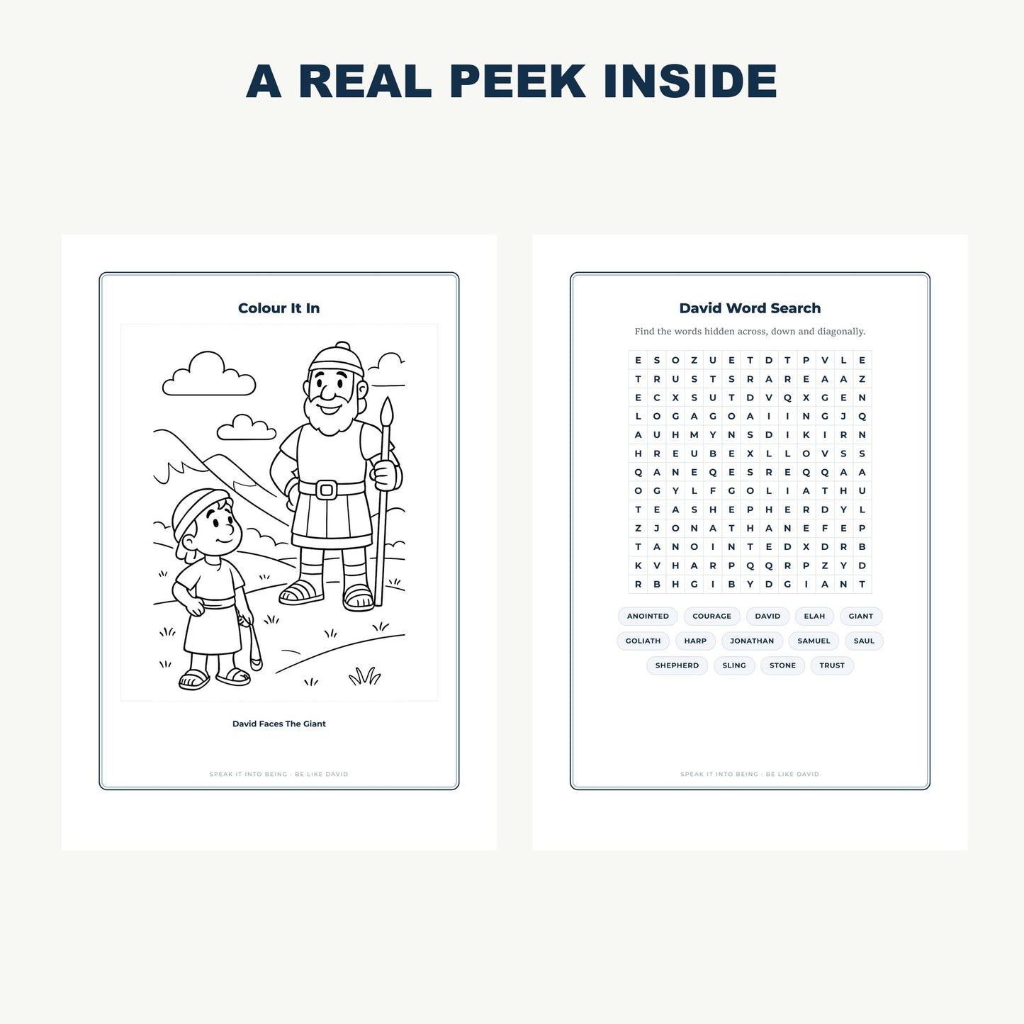 A real peek inside the David and Goliath lesson pack pages