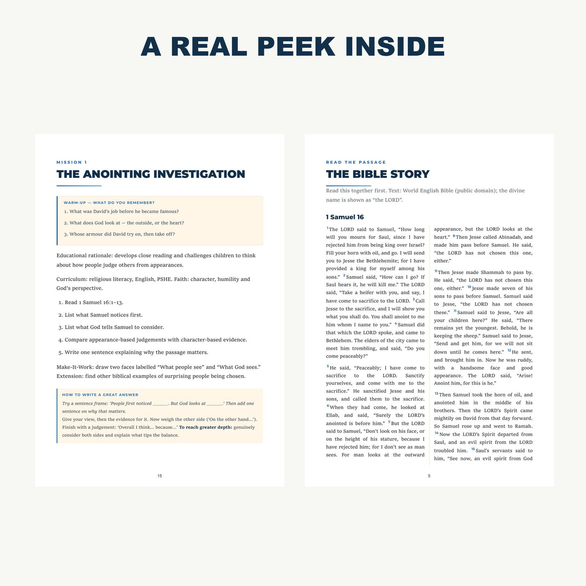 A real peek inside the David and Goliath lesson pack pages