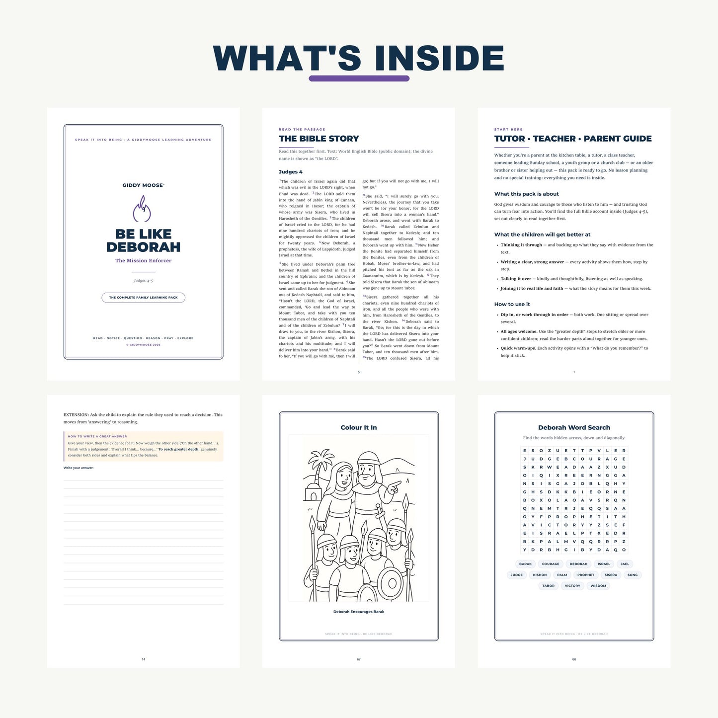 What's inside the Be Like Deborah pack — Bible-column text, tutor guide and worksheet sample pages