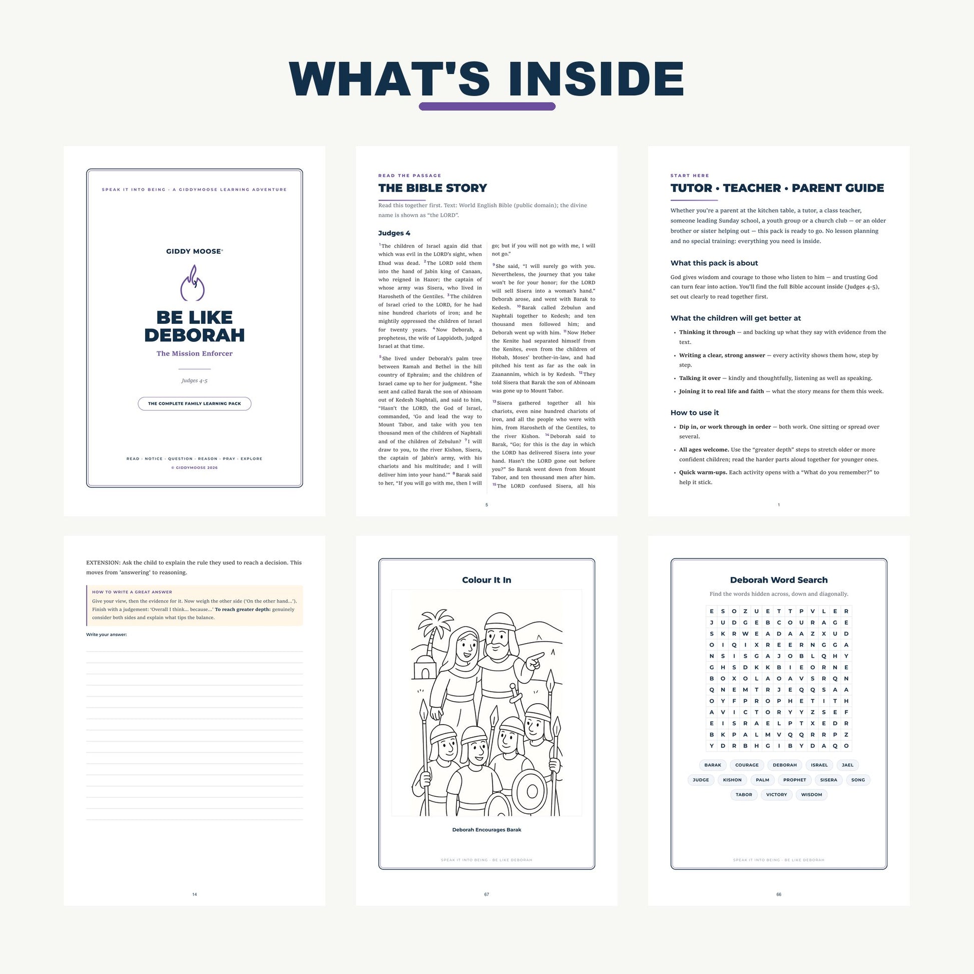 What's inside the Be Like Deborah pack — Bible-column text, tutor guide and worksheet sample pages