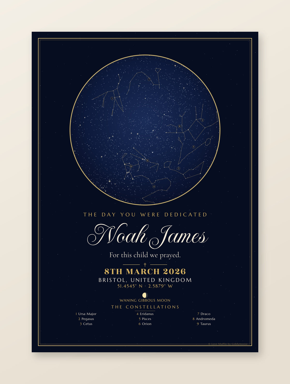 The Day You Were Dedicated personalised star map print — custom night sky by date