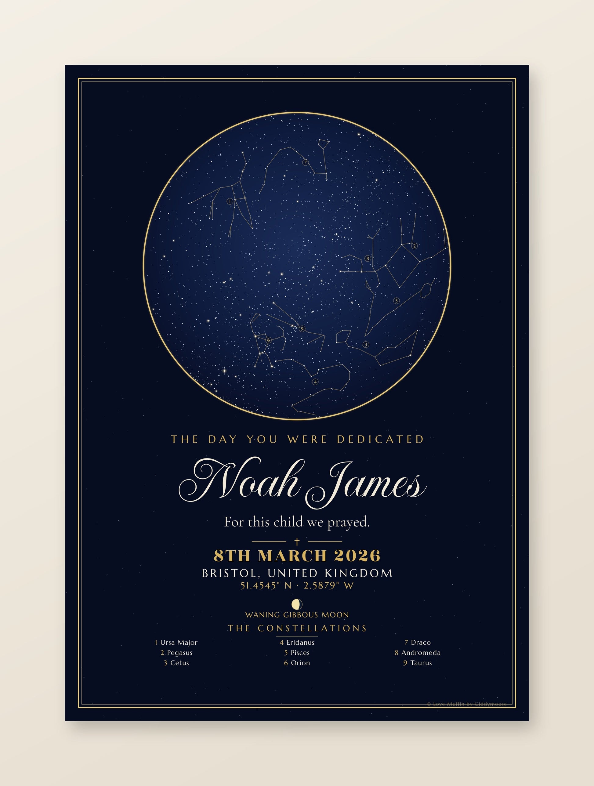 The Day You Were Dedicated personalised star map print — custom night sky by date