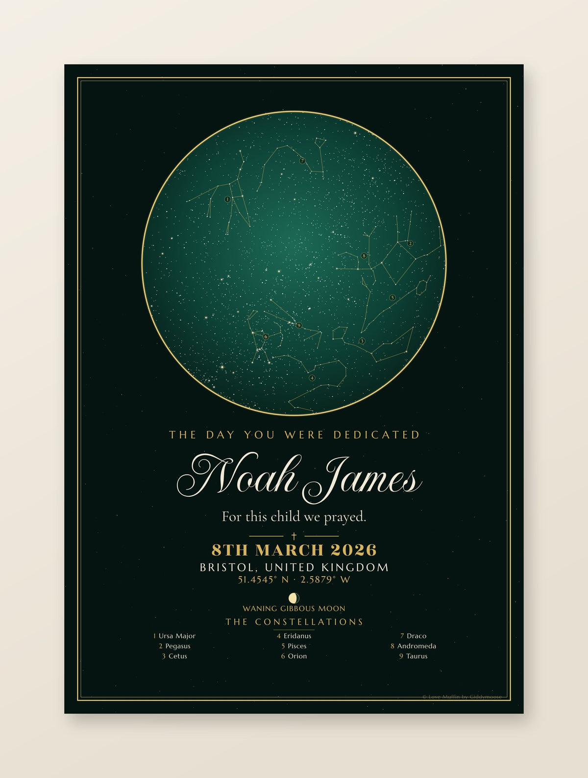 The Day You Were Dedicated personalised star map print — custom night sky by date