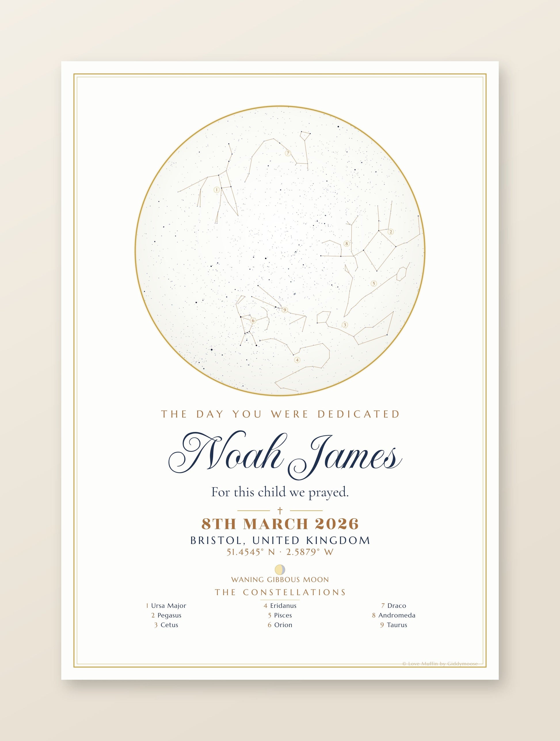 The Day You Were Dedicated personalised star map print — custom night sky by date