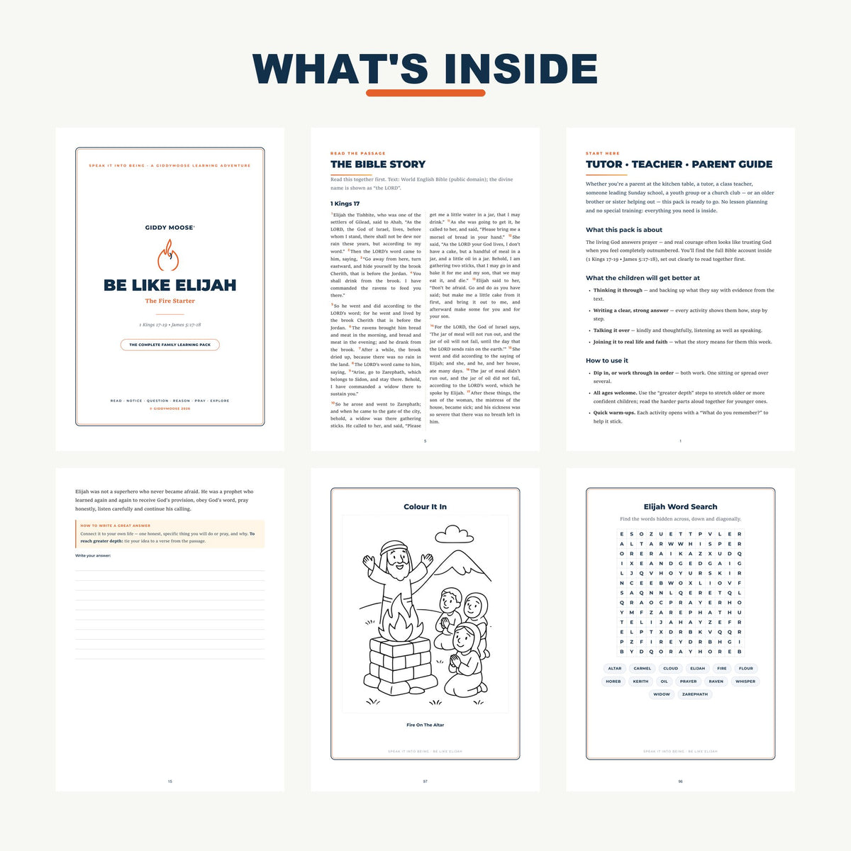 What's inside the Be Like Elijah pack — Bible-column text, tutor guide and worksheet sample pages