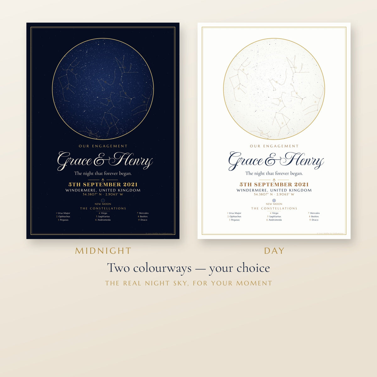Our Engagement personalised star map print — custom night sky by date