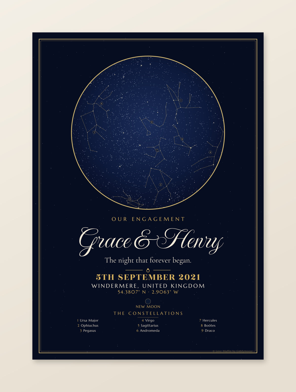 Our Engagement personalised star map print — custom night sky by date