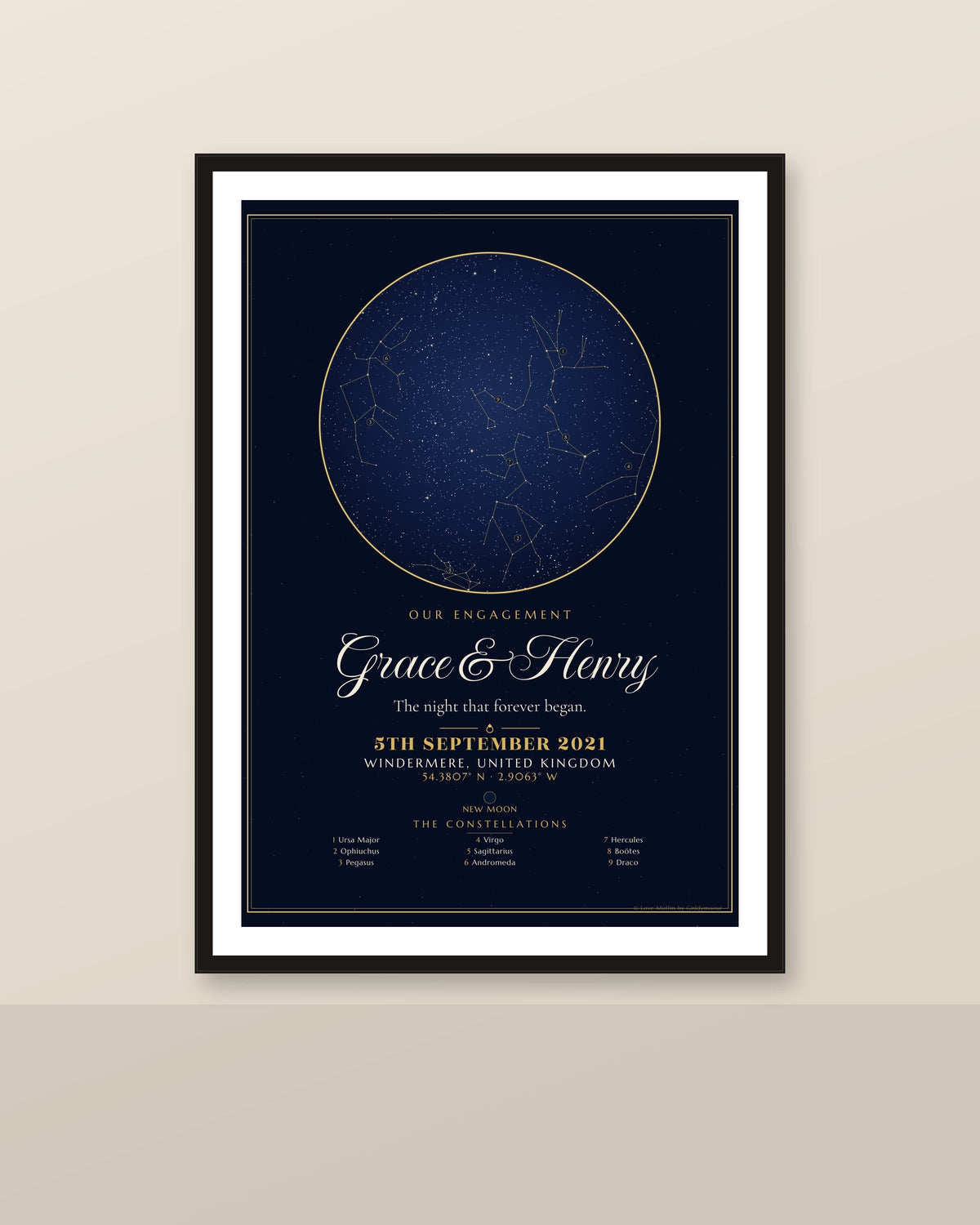 Our Engagement personalised star map print — custom night sky by date