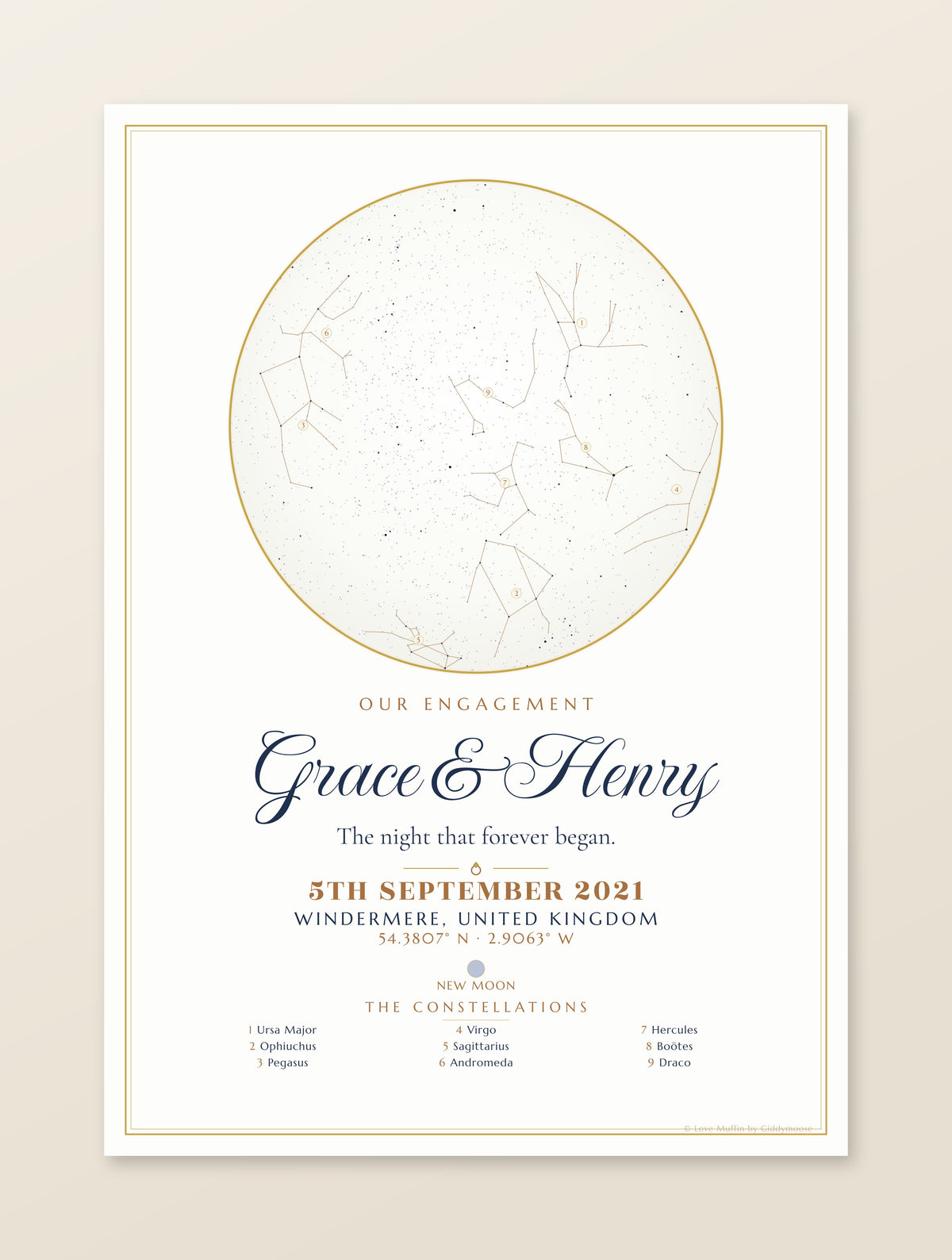 Our Engagement personalised star map print — custom night sky by date