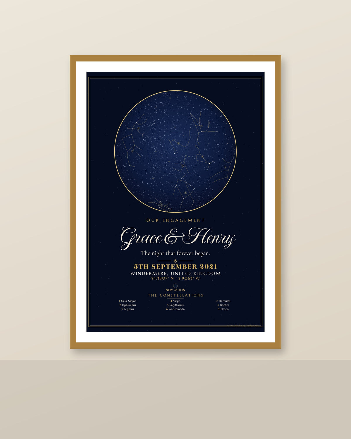 Our Engagement personalised star map print — custom night sky by date