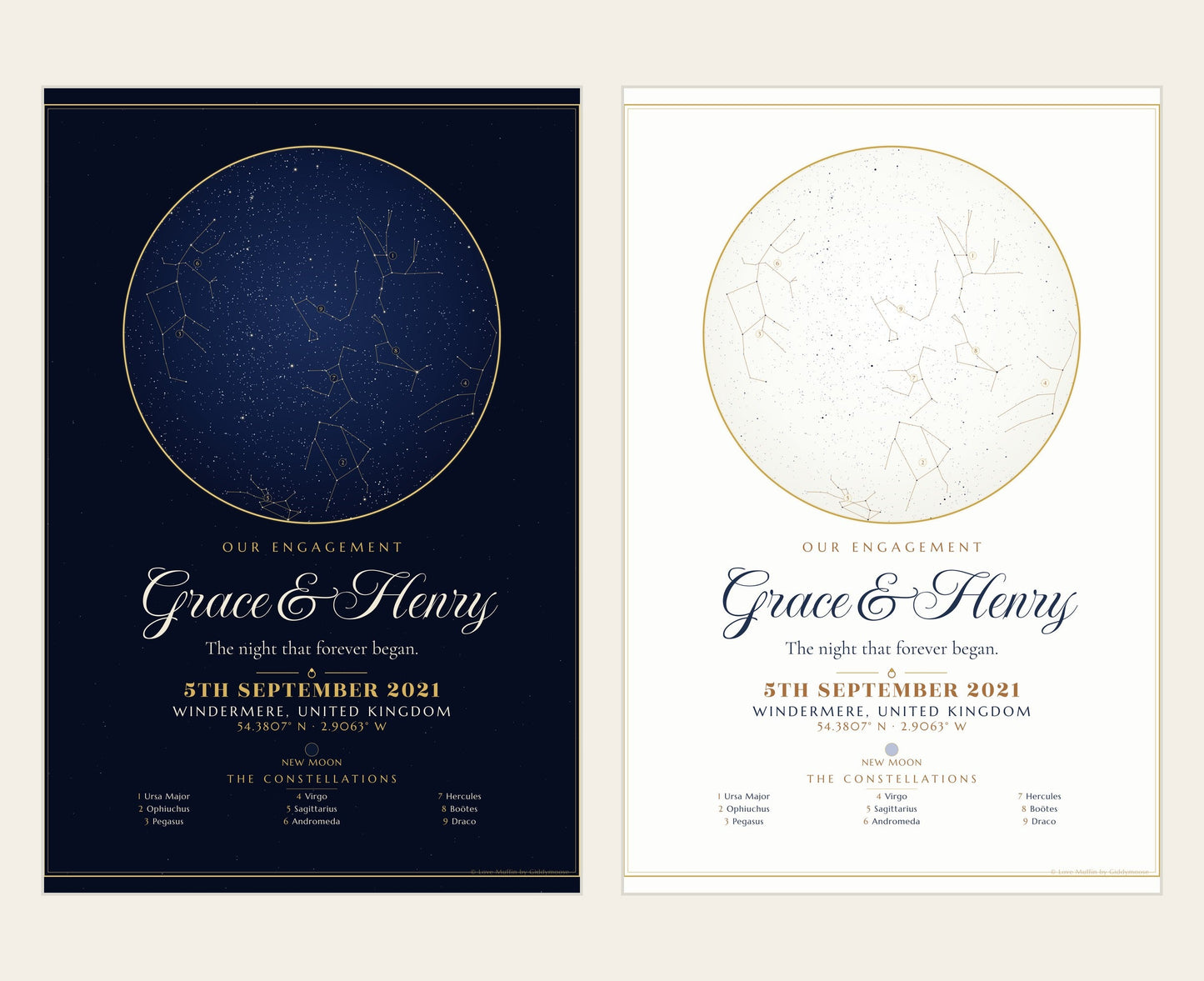 Our Engagement personalised star map print — custom night sky by date