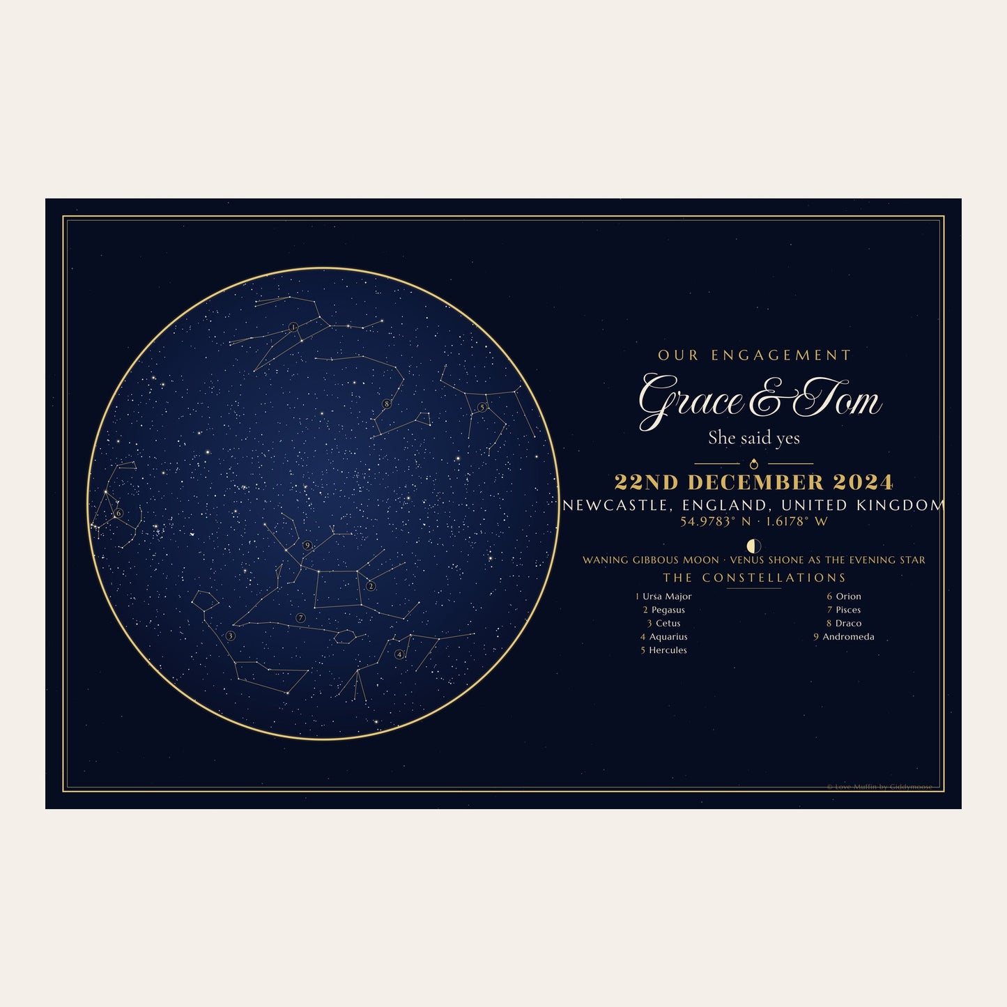 Our Engagement personalised star map in landscape — the same night sky, laid out wide
