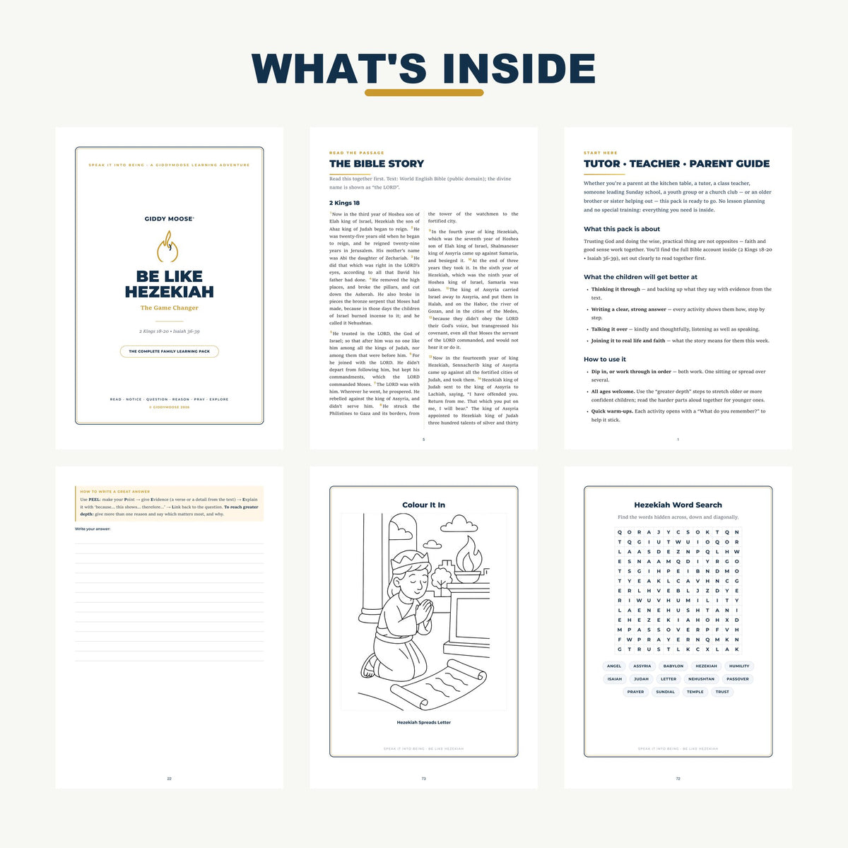 What's inside the Be Like Hezekiah pack — Bible-column text, tutor guide and worksheet sample pages