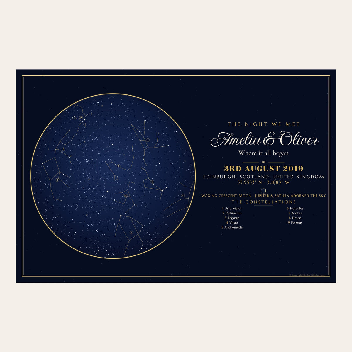 The Night We Met personalised star map in landscape — the same night sky, laid out wide