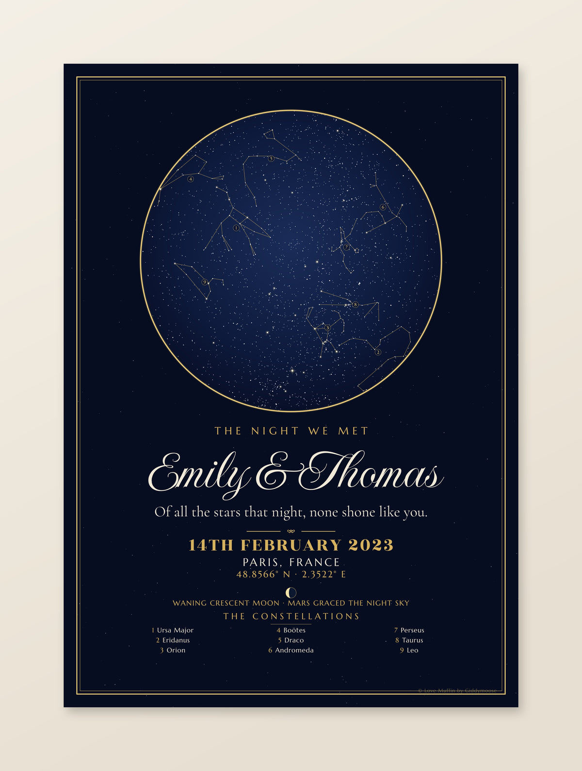 The Night We Met personalised star map print — custom night sky by date