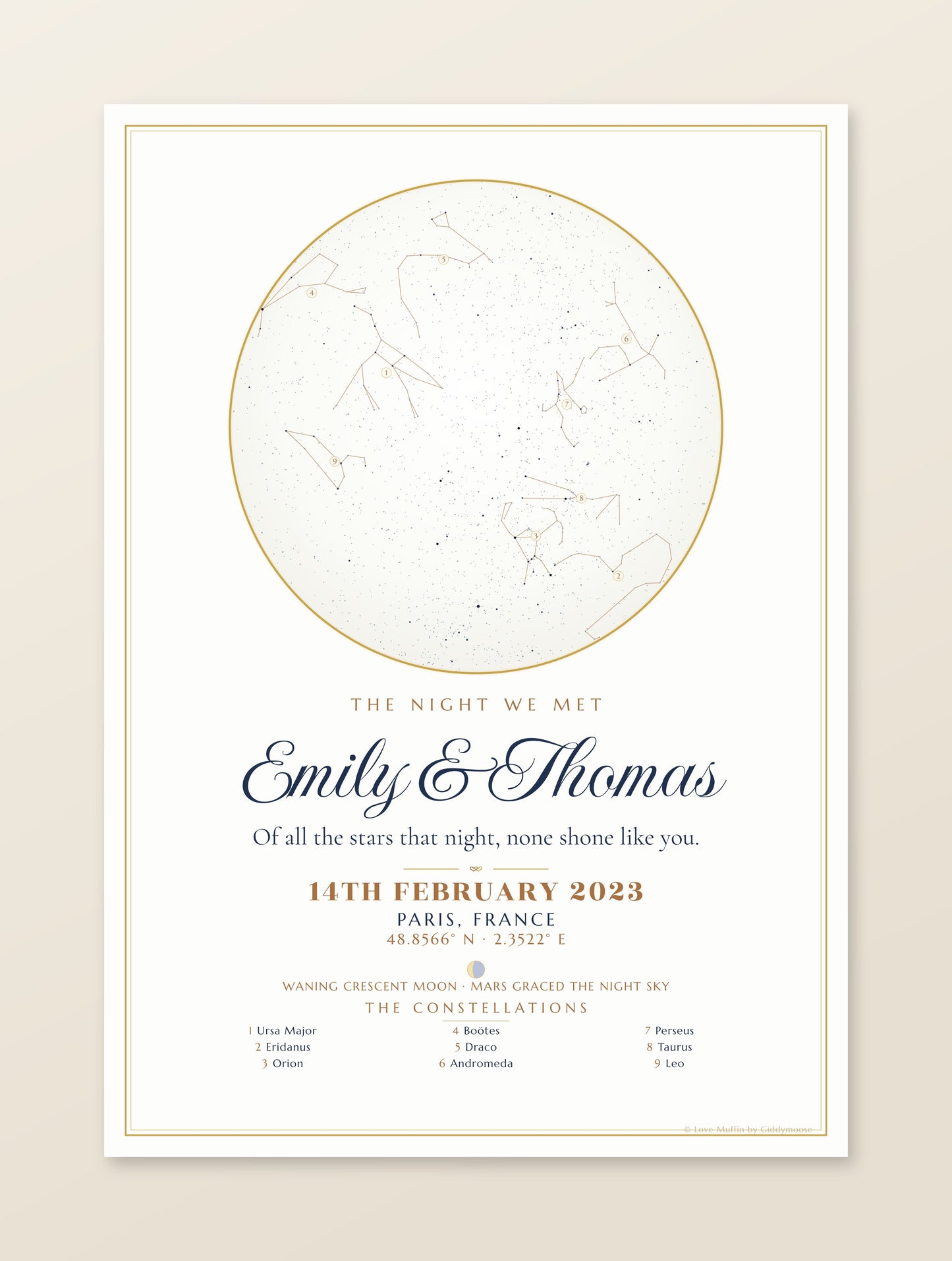 The Night We Met personalised star map print — custom night sky by date