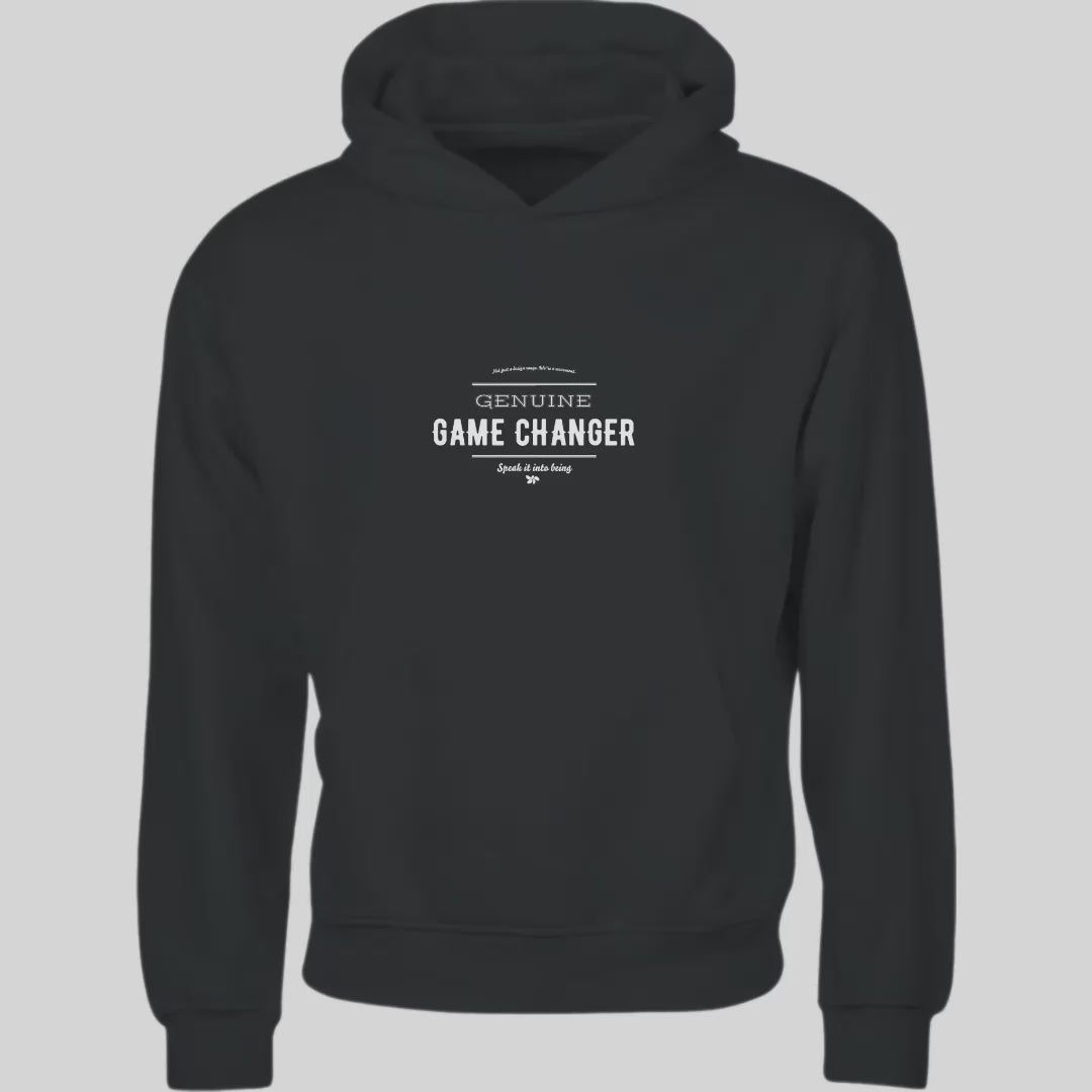Genuine Game Changer hoodie in Black and Ink, 100% organic cotton – product video