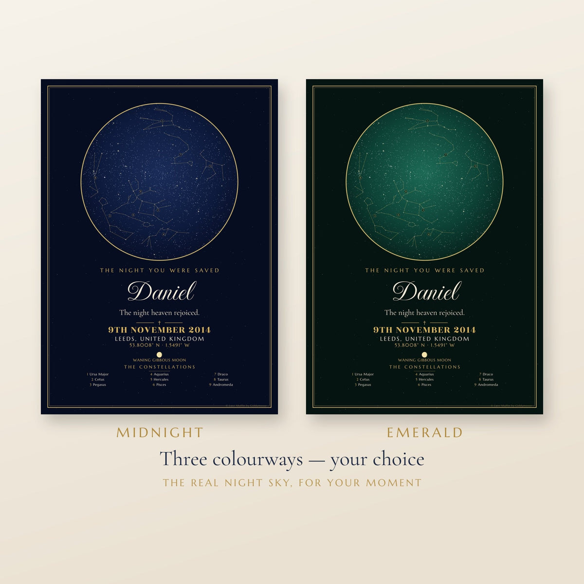 The Night You Were Saved personalised star map print — custom night sky by date