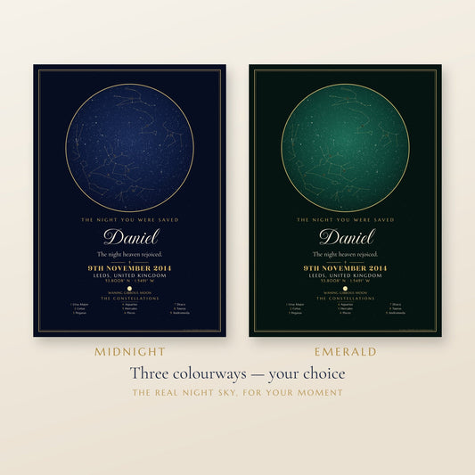 The Night You Were Saved personalised star map print — custom night sky by date