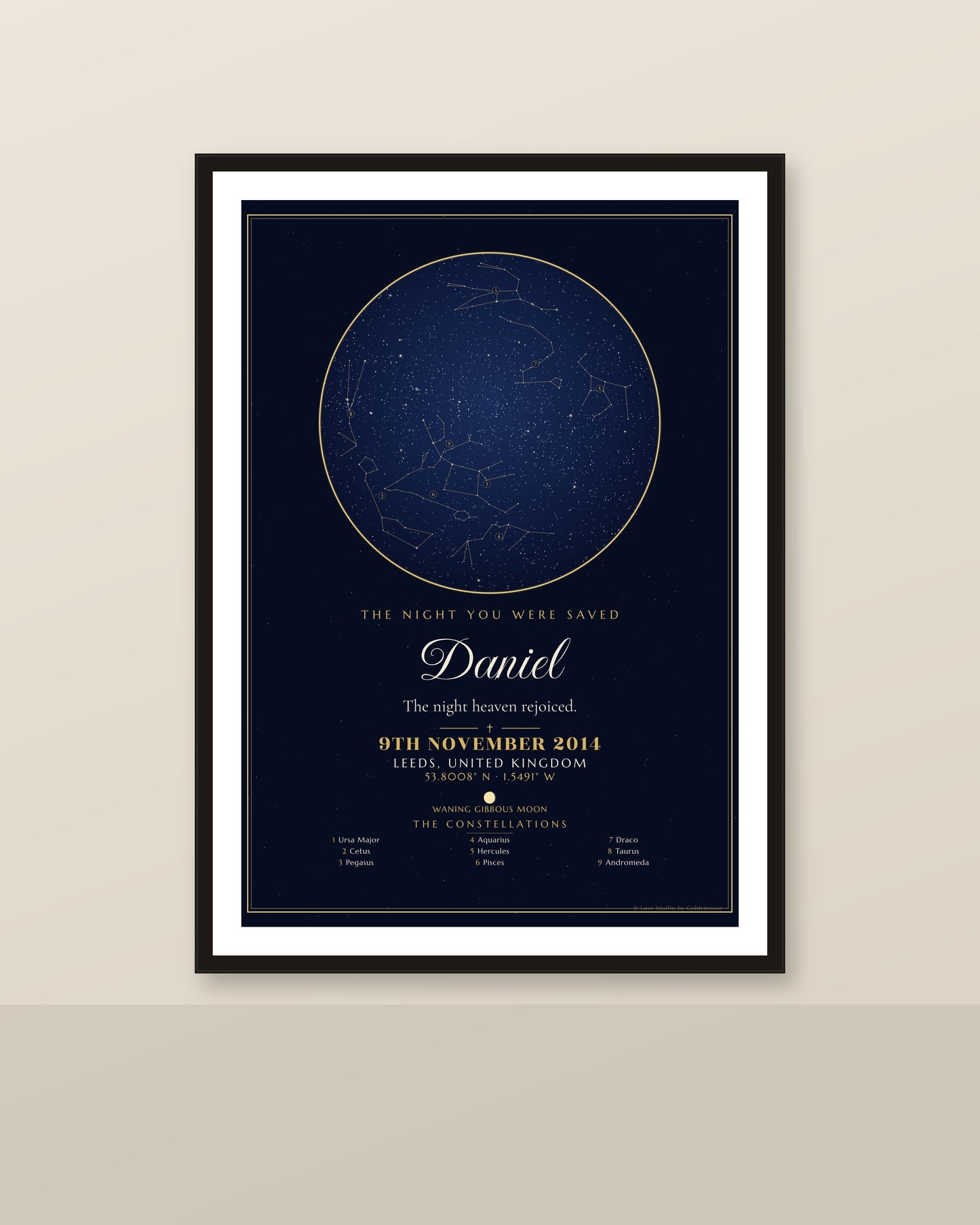 The Night You Were Saved personalised star map print — custom night sky by date