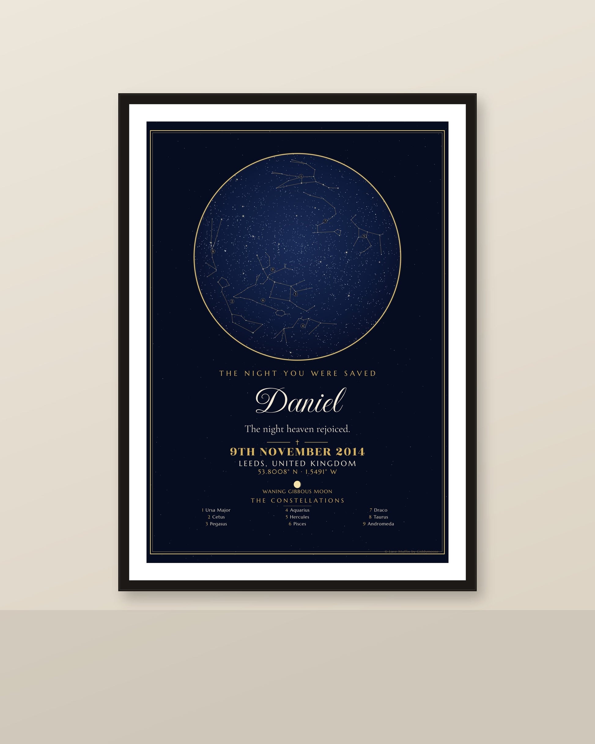 The Night You Were Saved personalised star map print — custom night sky by date