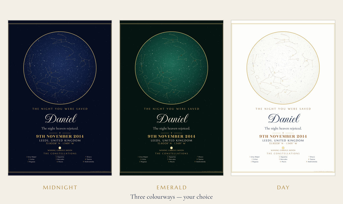 The Night You Were Saved personalised star map print — custom night sky by date